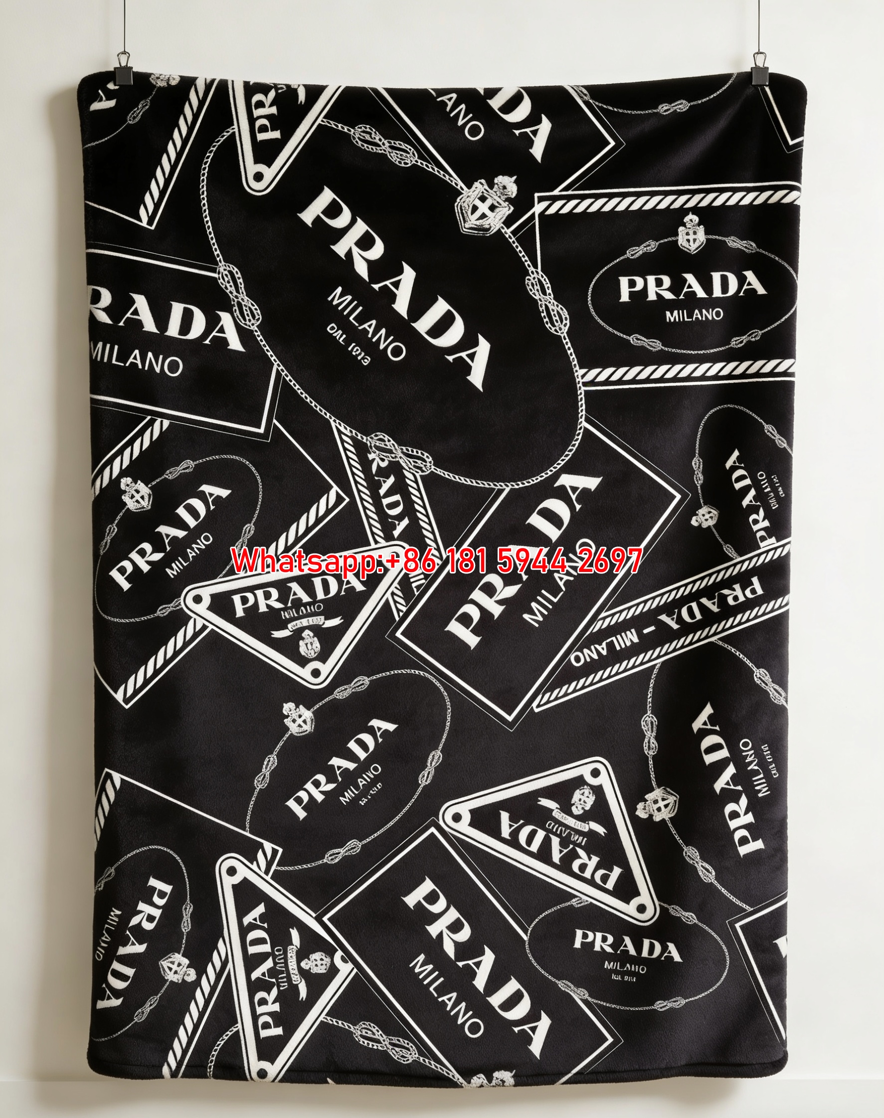 Prada Milano All Over Logo Print Black White Flannel Throw Blanket Luxury Designer Printed Sofa Cover Blanket IMG_2652